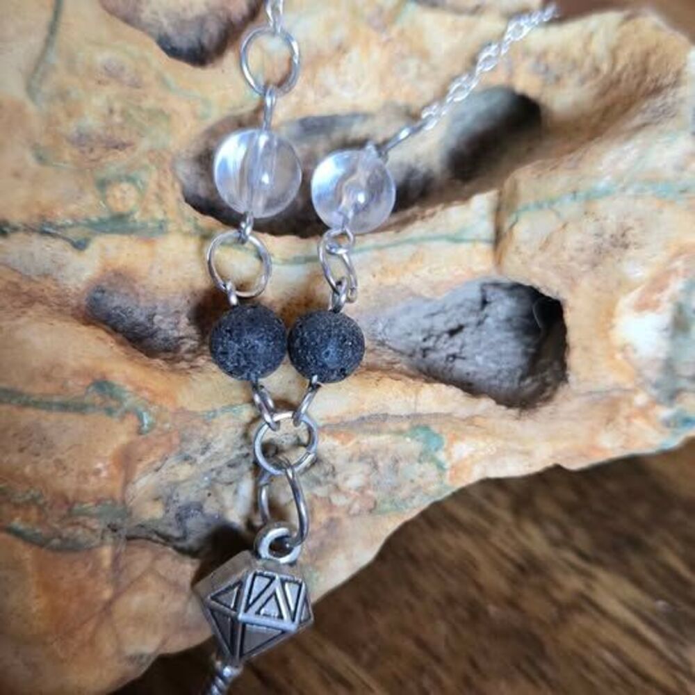 Aromatherapy Necklace with Clear Beads & Diamond Key Charm | 18" Silver Tone
